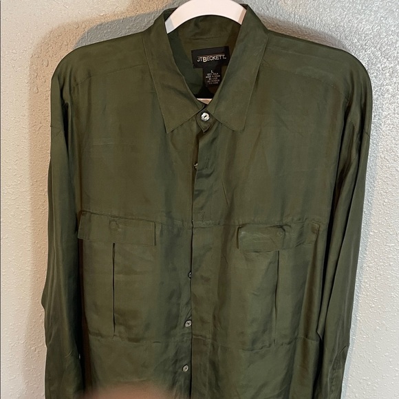 VNTG JT Beckett 100% Silk Button Down Shirt – Olive Green Long Sleeve Size L - Picture 13 of 13